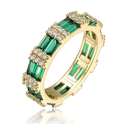 Lab Created 14k Yellow Gold Plated with Emerald & Cubic Zirconia Double Wedding Anniversary Band Eternity Ring