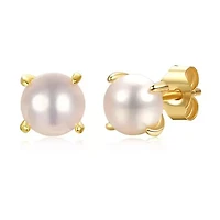 Lab Created Sterling Silver 14k Gold Plated with Freshwater Pearl Stud Earrings