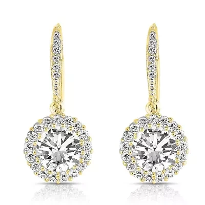 Lab Created Sterling Silver with Clear Round Cubic Zirconia Haloed Solitaire Drop Earrings