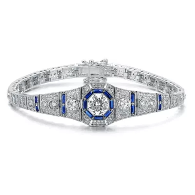 Lab Created Sterling Silver White Gold Plated with Colored Round & Baguette Cubic Zirconia Link Bracelet