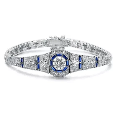 Lab Created Sterling Silver White Gold Plated with Colored Round & Baguette Cubic Zirconia Link Bracelet