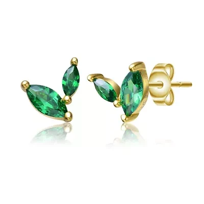 Lab Created 14K Gold Plated with Colored Cubic Zirconia Fern Leaf Stud Earrings for Kids