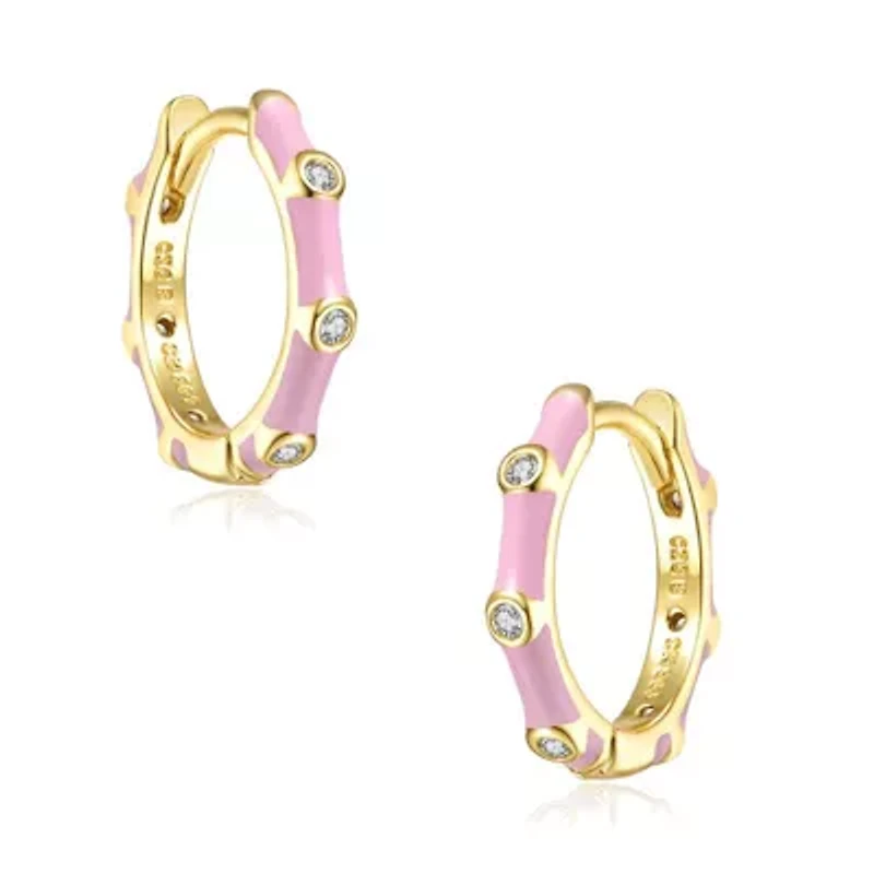 Lab Created Bamboo Hoop Earrings 14K Gold Plating with Clear Cubic Zirconia and Enamel for Adorable Baby/Kids