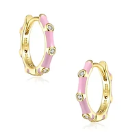 Lab Created Bamboo Hoop Earrings 14K Gold Plating with Clear Cubic Zirconia and Enamel for Adorable Baby/Kids