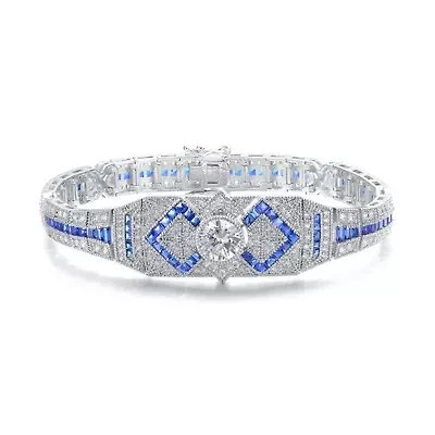 Lab Created Sterling Silver White Gold Plated with Colored Round & Baguette Cubic Zirconia Link Bracelet