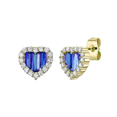 Lab Created 14K Gold Plated with Colored Cubic Zirconia Baguette Heart Halo Stud Earring for Teens