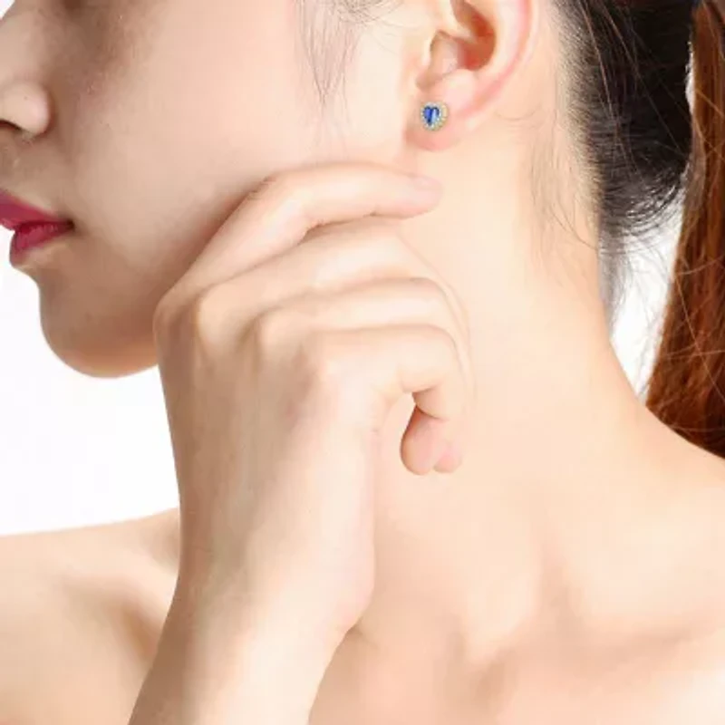 Lab Created 14K Gold Plated with Colored Cubic Zirconia Baguette Heart Halo Stud Earring for Teens