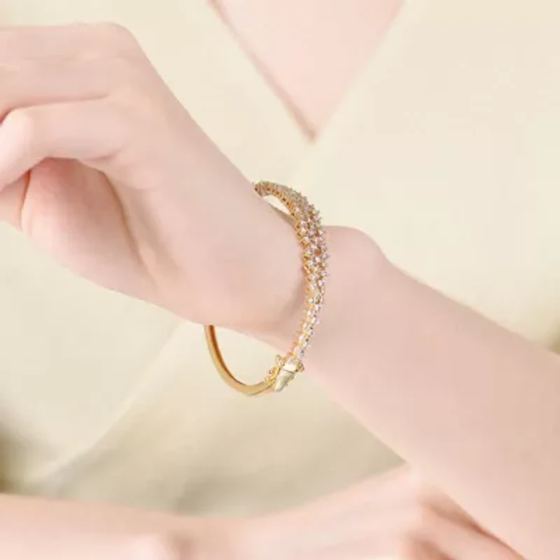 Lab Created Sterling Silver with Clear Round Cubic Zirconia Cluster Style Bangle Bracelet