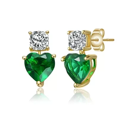 Lab Created Sterling Silver 14K Gold Plated with Colored Cubic Zirconia Two-Stone Heart Earrings