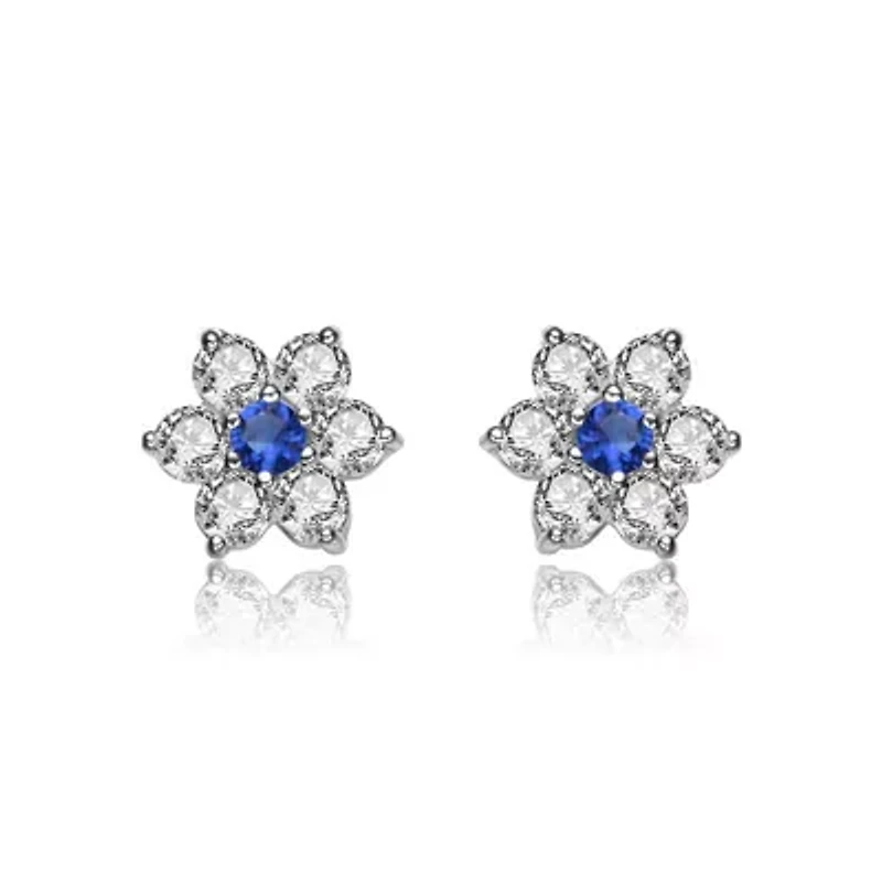 Lab Created Sterling Silver White Gold Plated with Colored Round Cubic Zirconias Flower Shape Earrings