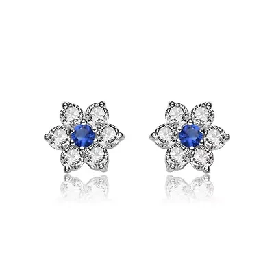 Lab Created Sterling Silver White Gold Plated with Colored Round Cubic Zirconias Flower Shape Earrings