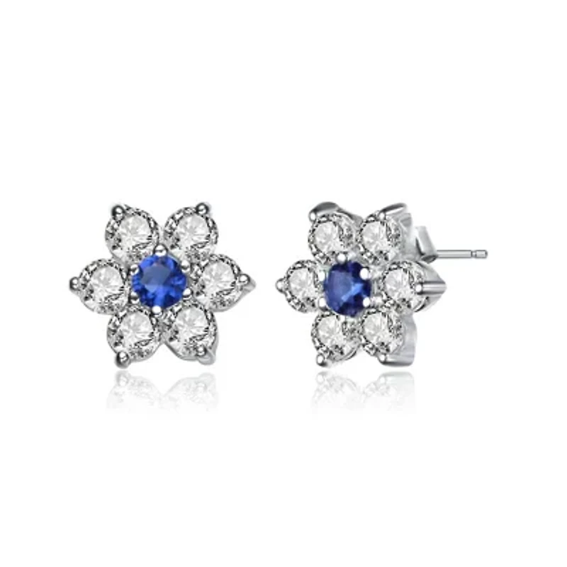 Lab Created Sterling Silver White Gold Plated with Colored Round Cubic Zirconias Flower Shape Earrings