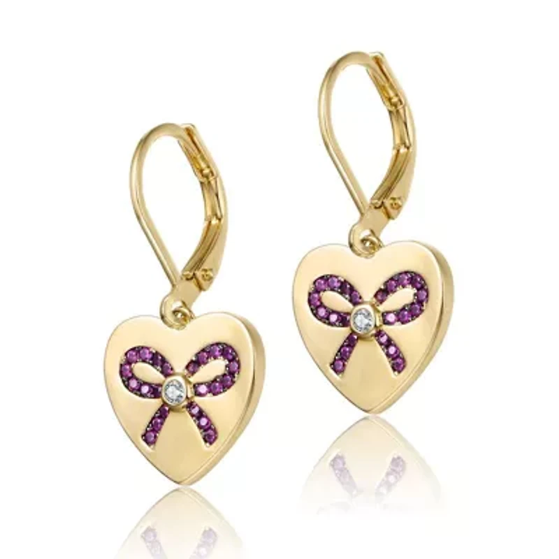 Lab Created Sterling Silver with Pink Bow Heart Cubic Zirconia Leverback Earrings