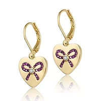 Lab Created Sterling Silver with Pink Bow Heart Cubic Zirconia Leverback Earrings