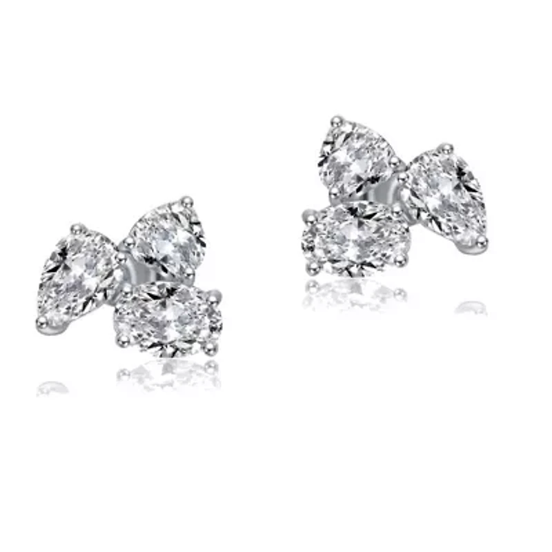 Lab Created Sterling Silver with Clear Cubic Zirconia Triple Cluster Stud Earrings
