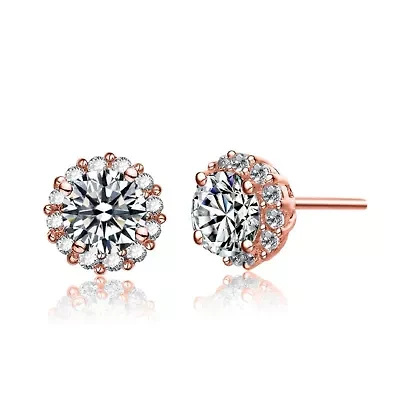 Lab Created Sterling Silver with Clear Cubic Zirconia Round Stud Style Earrings