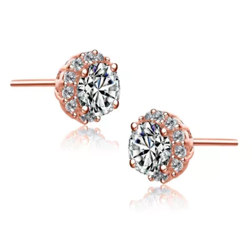 Lab Created Sterling Silver with Clear Cubic Zirconia Round Stud Style Earrings