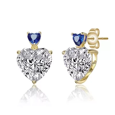 Lab Created Sterling Silver 14K Gold Plated with Colored Cubic Zirconia Two-Stone Heart Stud Earrings