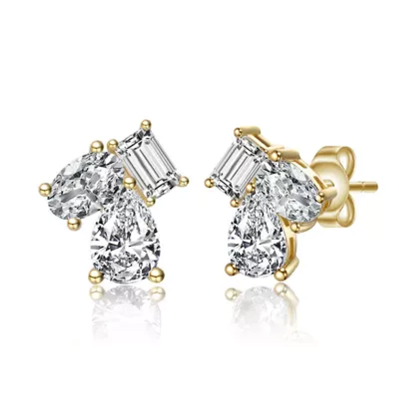 Lab Created Sterling Silver with Clear Cubic Zirconia Three-Stone Cluster Stud Earrings