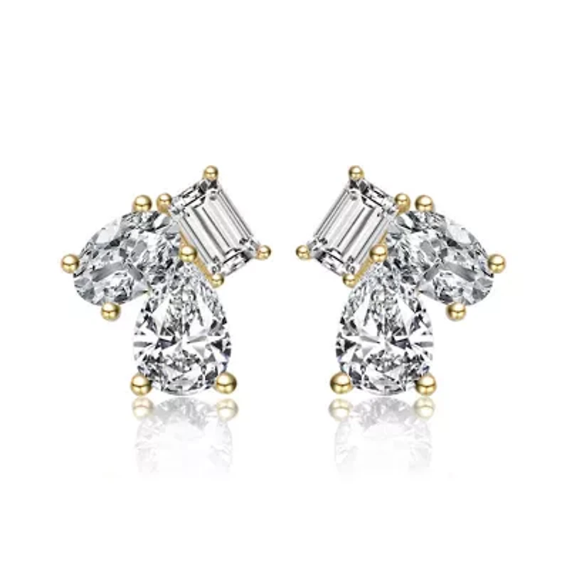 Lab Created Sterling Silver with Clear Cubic Zirconia Three-Stone Cluster Stud Earrings