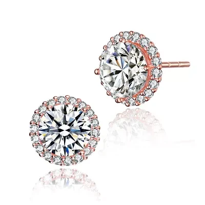 Lab Created Sterling Silver with Clear Round Cubic Zirconia Halo Button Style Stud Earrings