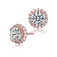 Lab Created Sterling Silver with Clear Round Cubic Zirconia Halo Button Style Stud Earrings