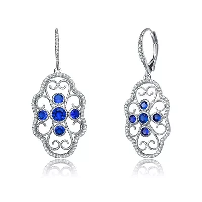 Lab Created Sterling Silver White Gold Plated with Colored Cubic Zirconia Leverback Filigree Earrings