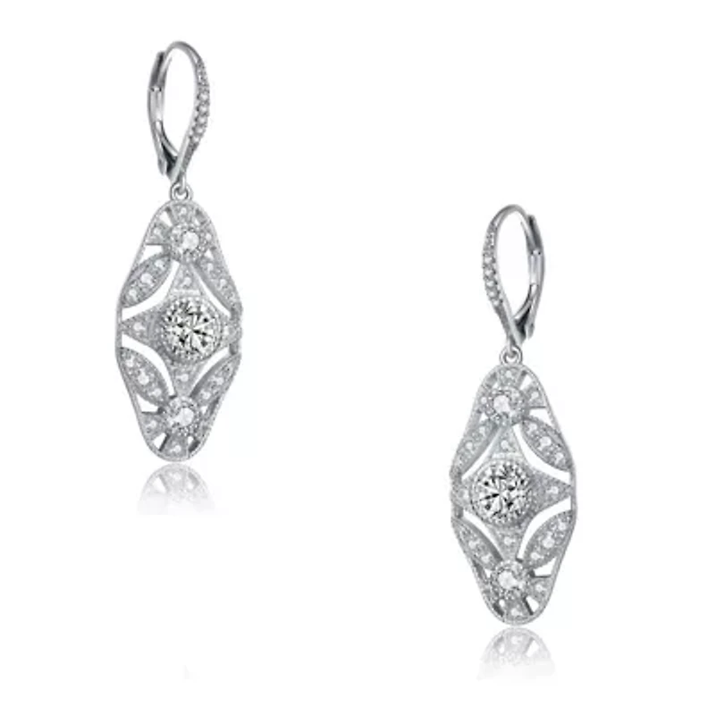 Lab Created Sterling Silver White Gold Plated Round Cubic Zirconia Wreath Leverback Drop Earrings