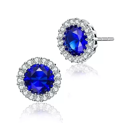 Lab Created Sterling Silver with Colored Round Cubic Zirconia Halo Stud Earrings