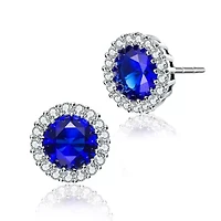 Lab Created Sterling Silver with Colored Round Cubic Zirconia Halo Stud Earrings