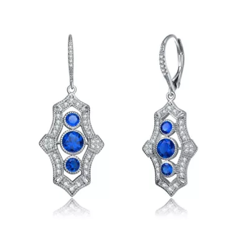 Lab Created Sterling Silver White Gold Plated with Colored Cubic Zirconia 3-Stone Leverback Drop Earrings