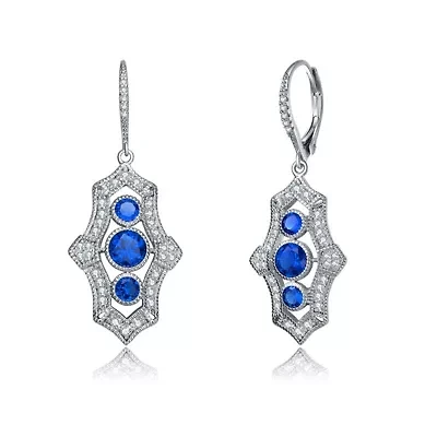 Lab Created Sterling Silver White Gold Plated with Colored Cubic Zirconia 3-Stone Leverback Drop Earrings