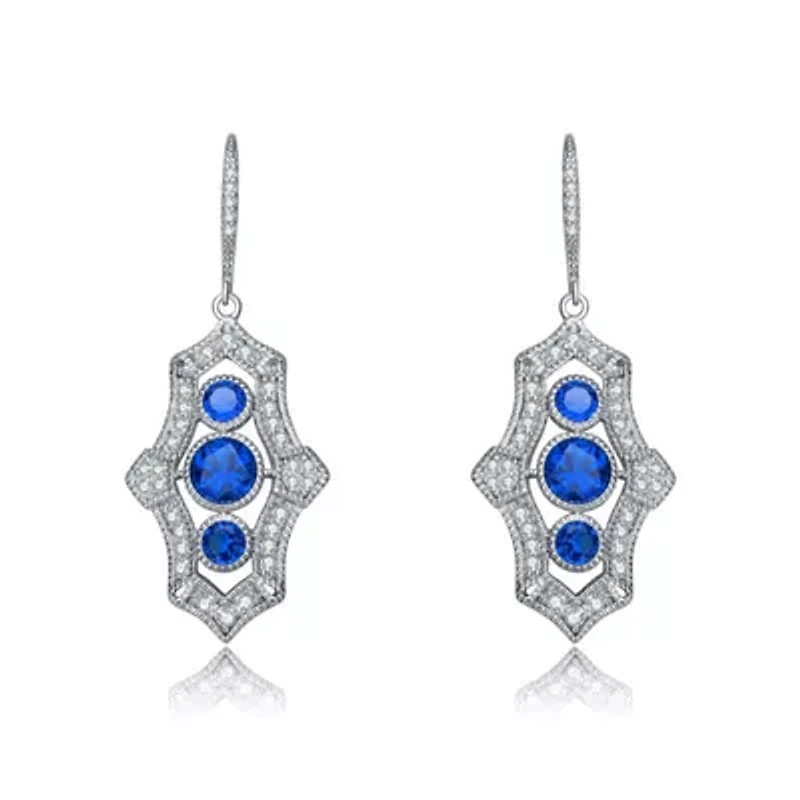 Lab Created Sterling Silver White Gold Plated with Colored Cubic Zirconia 3-Stone Leverback Drop Earrings