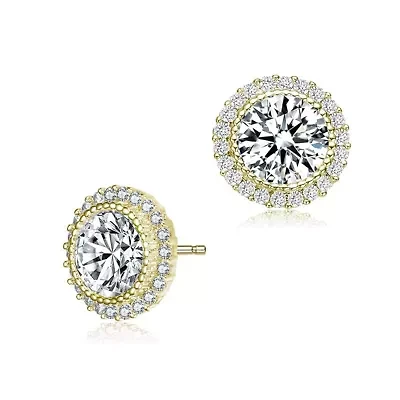 Lab Created Sterling Silver with Clear Round Cubic Zirconia Milgrain Set Halo Stud Earrings