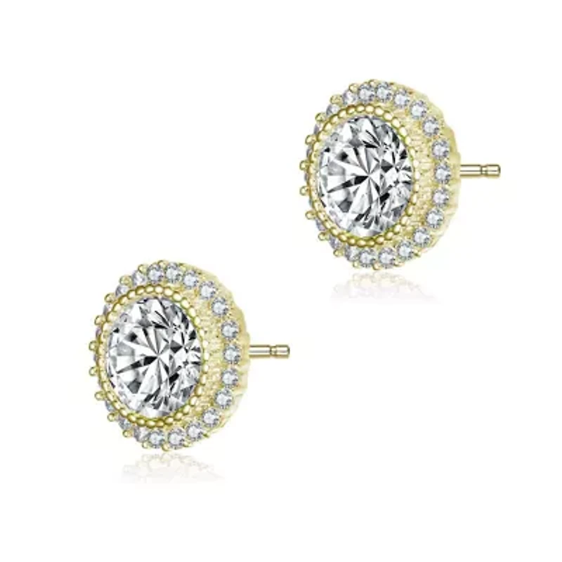Lab Created Sterling Silver with Clear Round Cubic Zirconia Milgrain Set Halo Stud Earrings
