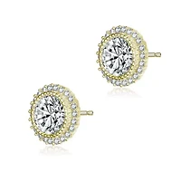 Lab Created Sterling Silver with Clear Round Cubic Zirconia Milgrain Set Halo Stud Earrings