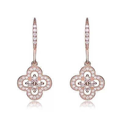 Lab Created Sterling Silver with Clear Cubic Zirconia Flower Shape Micro Pave Dangle Earrings