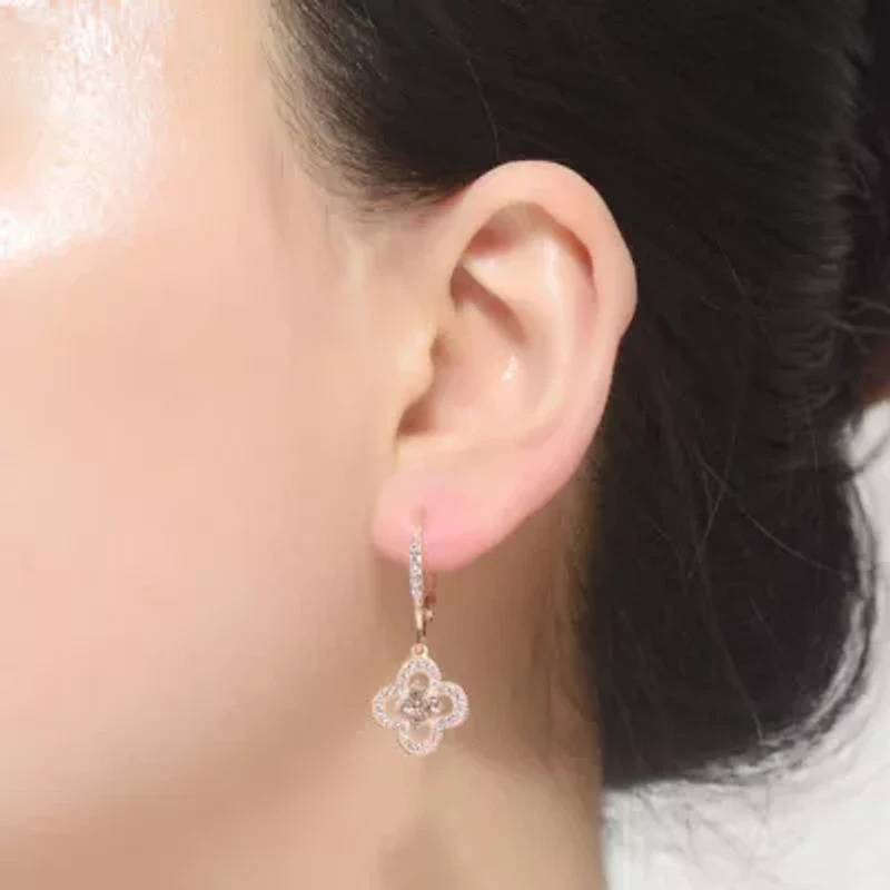 Lab Created Sterling Silver with Clear Cubic Zirconia Flower Shape Micro Pave Dangle Earrings