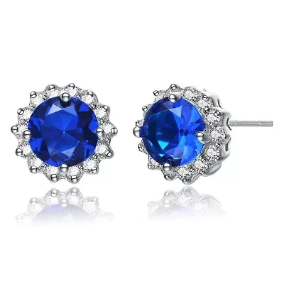 Lab Created Sterling Silver White Gold Plated with Colored Cubic Zirconia Button Stud Earrings