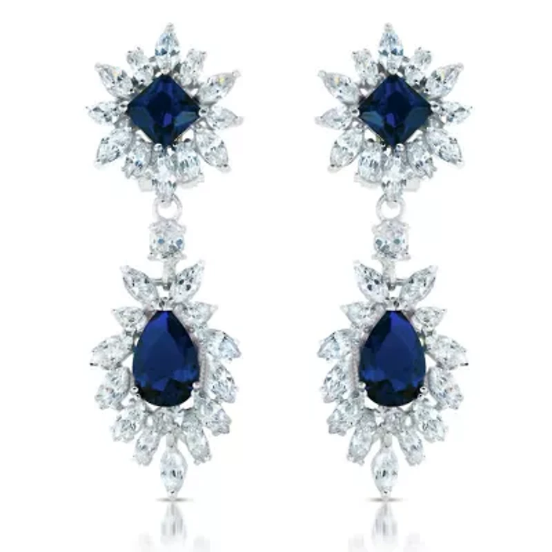 Lab Created Sterling Silver White Gold Plated with Colored Two Stone Cubic Zirconia Dangling Earrings