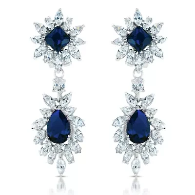 Lab Created Sterling Silver White Gold Plated with Colored Two Stone Cubic Zirconia Dangling Earrings