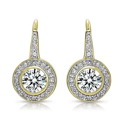 Lab Created Sterling Silver with Clear Cubic Zirconia Round Stud Drop Euro Earrings