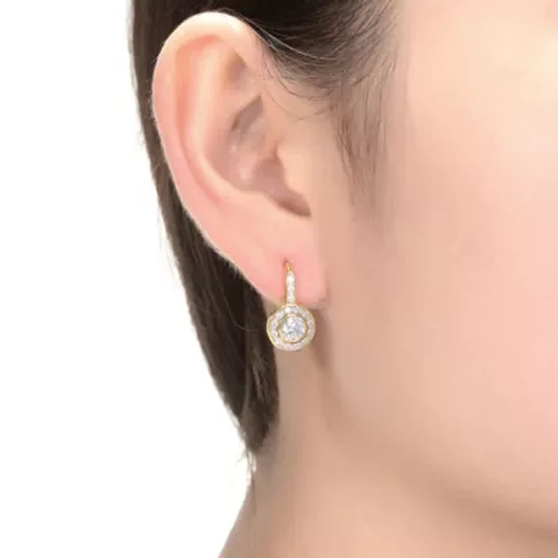 Lab Created Sterling Silver with Clear Cubic Zirconia Round Stud Drop Euro Earrings