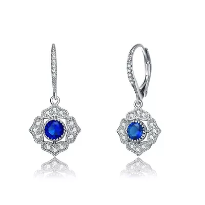 Lab Created Sterling Silver White Gold Plated with Round  Colored Cubic Zirconia Petal Flower Style Earrings