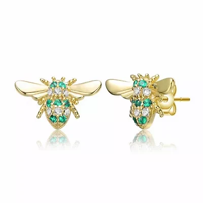 Lab Created Sterling Silver Mini 7MM 14K Gold Plated with Colored Cubic Zirconia Pave Wasp Stud Earrings