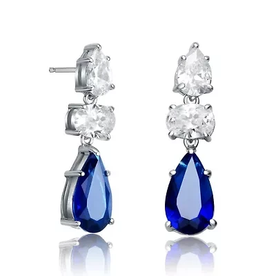 Lab Created Sterling Silver White Gold Plated with Colored Pear Shape and Oval Cubic Zirconia Drop Earrings