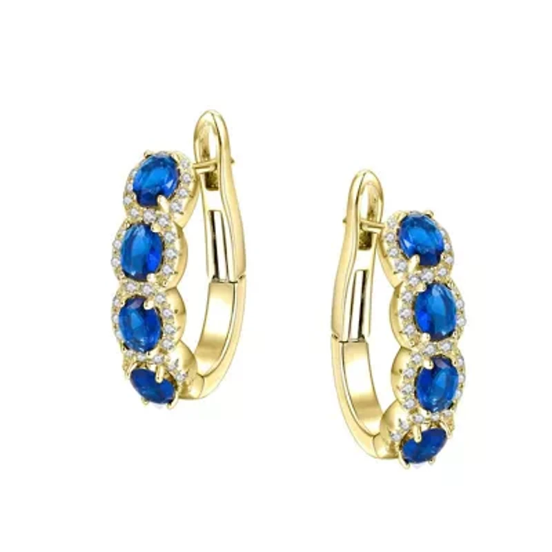 Lab Created Sterling Silver 14K Gold Plated with Colored Cubic Zirconia Oblong Hoop Spring Lock Earrings