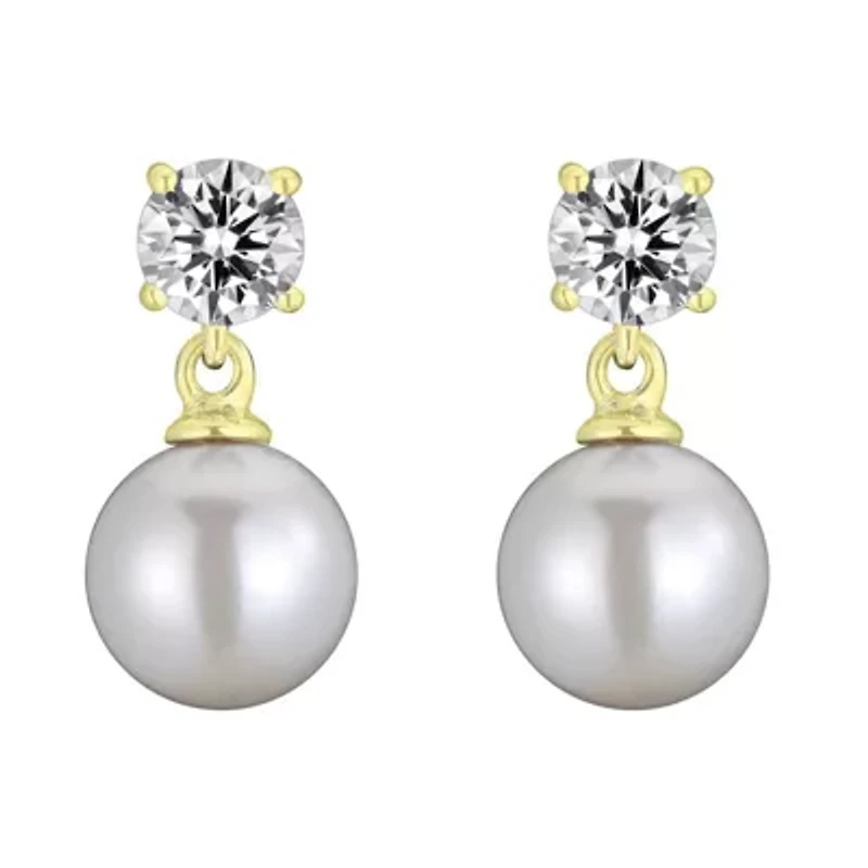 Lab Created Sterling Silver with Clear Cubic Zirconia & White Pearl Drop Earrings