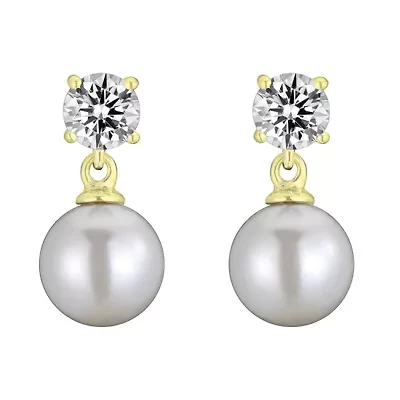 Lab Created Sterling Silver with Clear Cubic Zirconia & White Pearl Drop Earrings