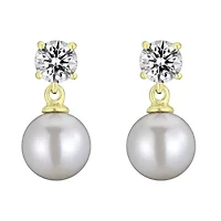 Lab Created Sterling Silver with Clear Cubic Zirconia & White Pearl Drop Earrings